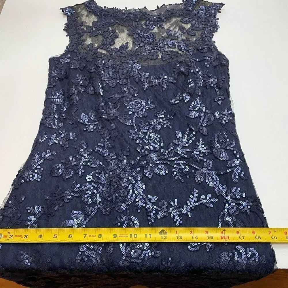 Tadashi Shoji Paillette Embroidered Lace Sheath Cocktail Dress Royal Navy Blue S - Picture 10 of 14